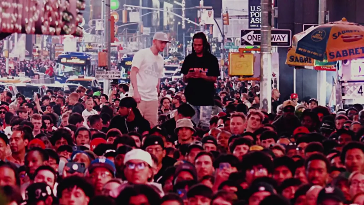 A packed crowd in Times Square during fight week
